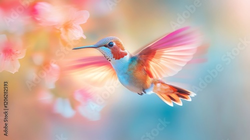 A vibrant and lively hummingbird captured mid-flight with colorful wings extended against a background of soft pastel blossoms, symbolizing grace and delicacy. photo