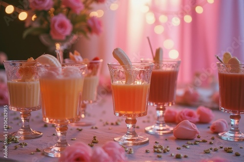 Elegant display of colorful fruit cocktails on lighted table with roses photo