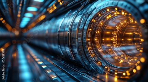 Futuristic glowing portal in a high-tech corridor at night