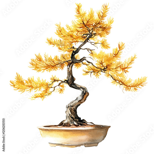 A watercolor painting of a Golden Larch bonsai, isolated on a white background. Golden Larch Bonsai vector.
