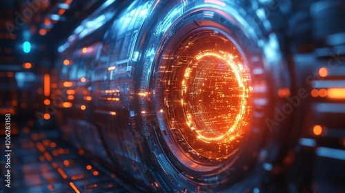 Futuristic glowing portal in a high-tech corridor at night