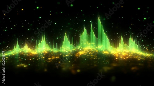 Vibrant green sound wave visualization with glowing particles in a digital en...