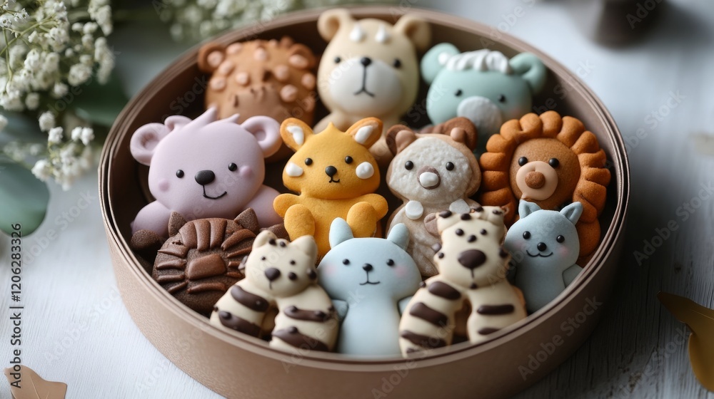 Obraz premium A delightful box of intricately decorated cookies shaped like cute animals, showcasing impeccable craftsmanship and creativity, perfect gifting or enjoyment occasion.