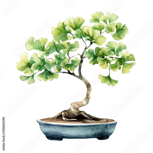 A watercolor vector of a Ginkgo bonsai, isolated on a white background. Ginkgo Bonsai vector.
