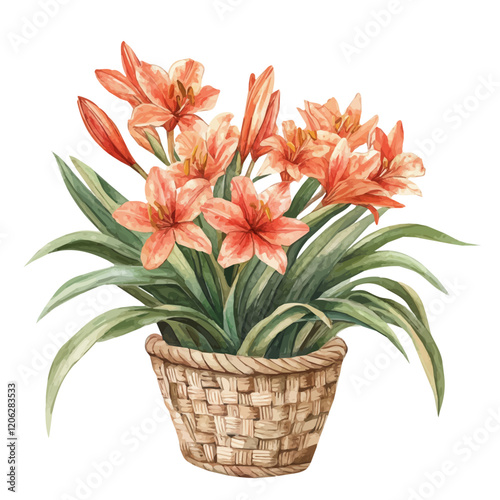 A watercolor illustration of a Ginger Lily bouquet in a basket, isolated on a white background. Ginger Lily bouquet vector.
 photo