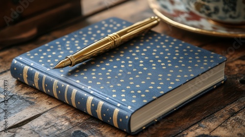 Elegant fountain pen resting on a beautifully designed notebook with golden s...