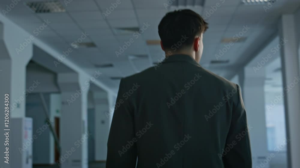 Relaxed businessman strolling building looking around closeup. Man waiting hall Relaxed businessman strolling building looking around closeup. Man waiting hall