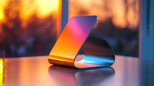 Smartphone on charging dock with colorful backlight during evening hours