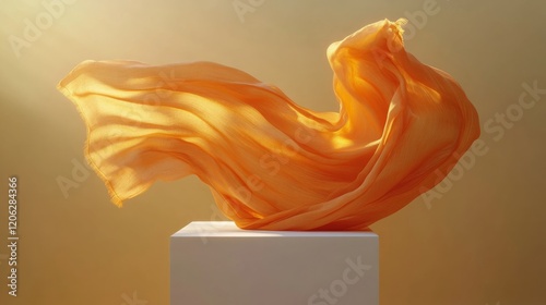 Flowing orange fabric gracefully dances above a white pedestal with warm ligh...
