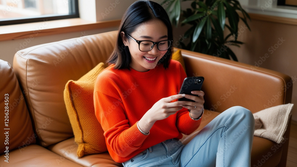 Relaxed Asian Woman on Cozy Couch Using Smartphone Relaxed Asian Woman on Cozy Couch Using Smartphone