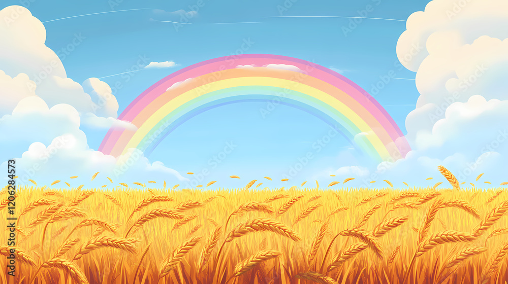 A golden wheat field under a rainbow against a dramatic sky. Rainbow Fields. Illustration A golden wheat field under a rainbow against a dramatic sky. Rainbow Fields. Illustration