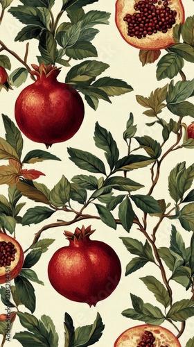 Pomegranate pattern showcasing vibrant fruits and lush leaves in botanical design