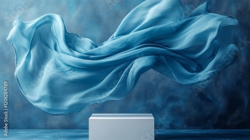Flowing orange fabric gracefully dances above a white pedestal with warm ligh...