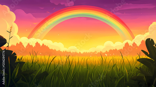 A rainbow arches over a grassy field at sunset. Rainbow Fields. Illustration photo