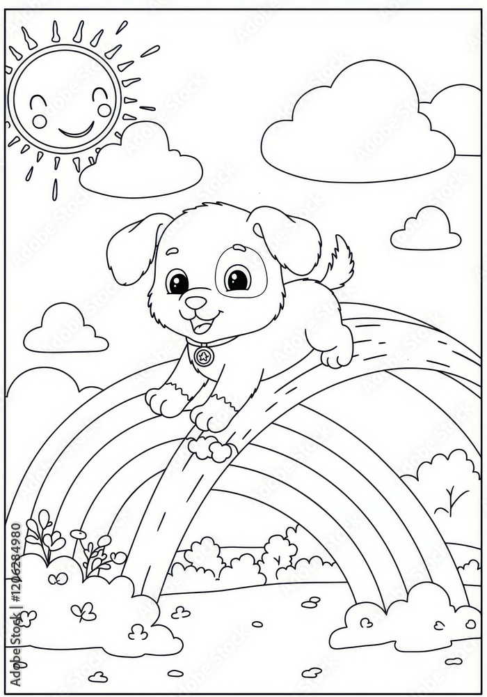Fototapeta premium Cute cartoon puppy, rainbow bridge, smiling sun, fluffy clouds, happy meadow, coloring book style, black and white line art, children's illustration, cheerful scene, playful design, simple outlines, w