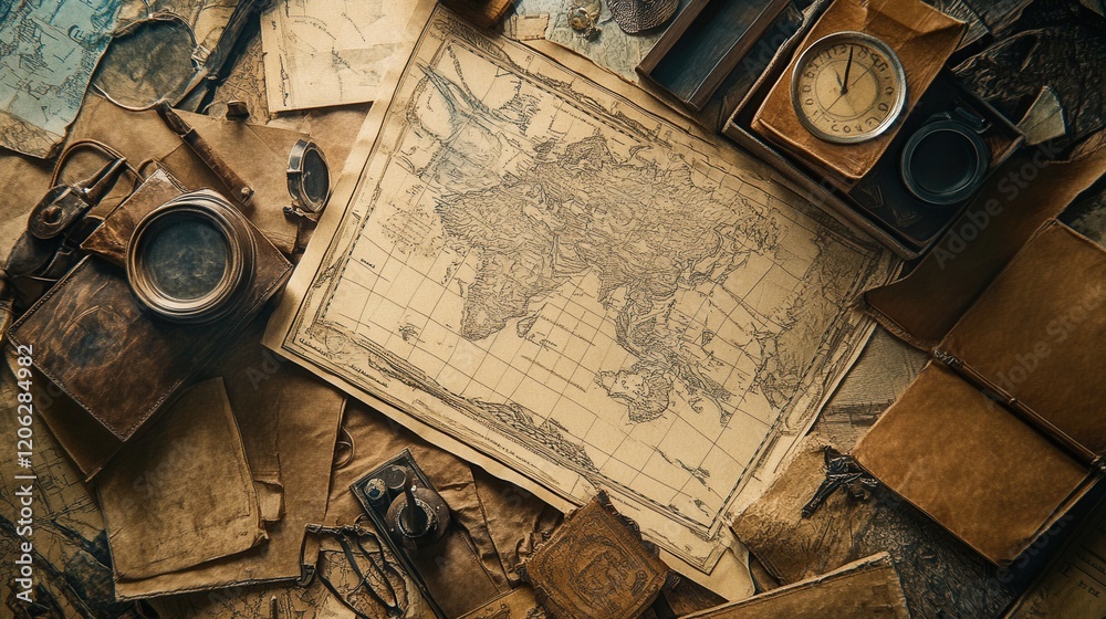Fototapeta premium Vintage World Map Surrounded by Exploration Artifacts and Tools
