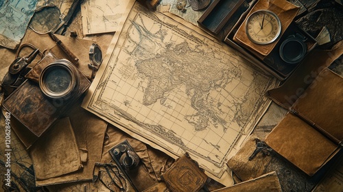 Vintage World Map Surrounded by Exploration Artifacts and Tools