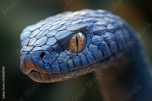 Unique blue snake with detailed scales and striking golden eye in natural hab...