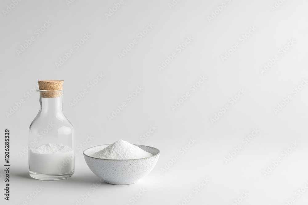Simple arrangement of salt in a glass bottle and a ceramic bowl on a light background, showcasing culinary essentials often used in cooking and food preparation Simple arrangement of salt in a glass bottle and a ceramic bowl on a light background, showcasing culinary essentials often used in cooking and food preparation