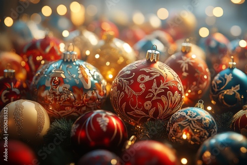 Colorful Christmas ornaments arranged beautifully on a festive display with s...