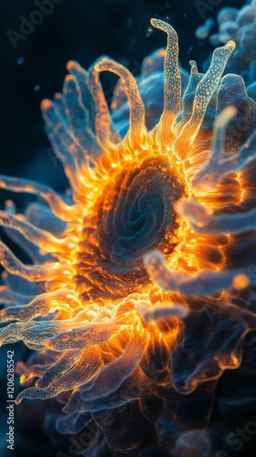 Vivid representation of an abstract marine organism glowing in a dark aquatic...
