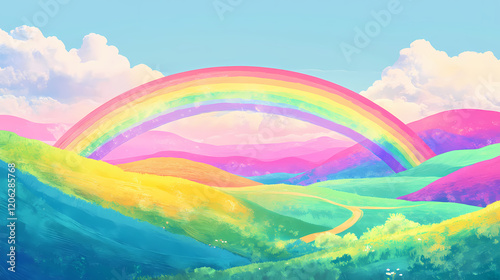 Wallpaper Mural A vibrant rainbow arcs across a lush green landscape. Rainbow Fields. Illustration Torontodigital.ca