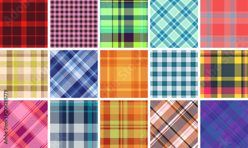 Collection of 16 vibrant plaid patterns.  Perfect for textile design, fashion, websites, and branding.  Seamless textures in diverse colors  styles offer endless creative possibilities.