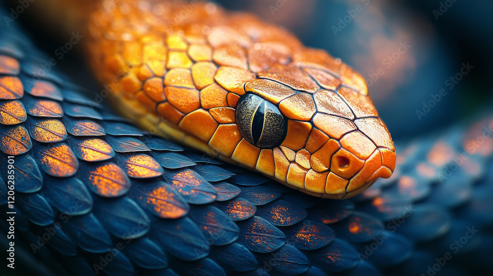 Close up of snake, snake eye, black and orange scales Close up of snake, snake eye, black and orange scales