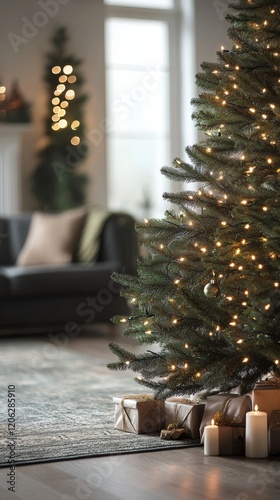 Cozy living room decorated for Christmas with a beautifully lit tree and pres...