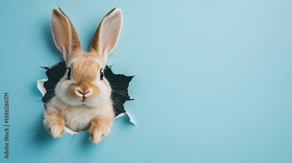 Fototapeta premium Easter Bunny with fluffy eared peeking out of a hole in blue wall