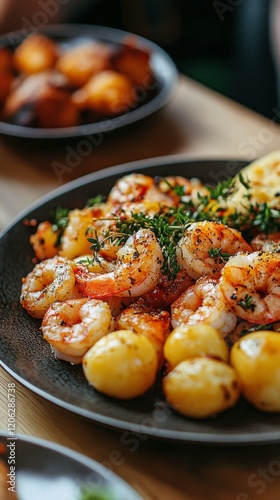 Grilled shrimp served with dipping sauce and herbs on a rustic wooden table