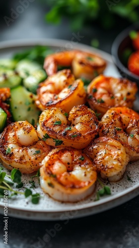 Grilled shrimp served with dipping sauce and herbs on a rustic wooden table