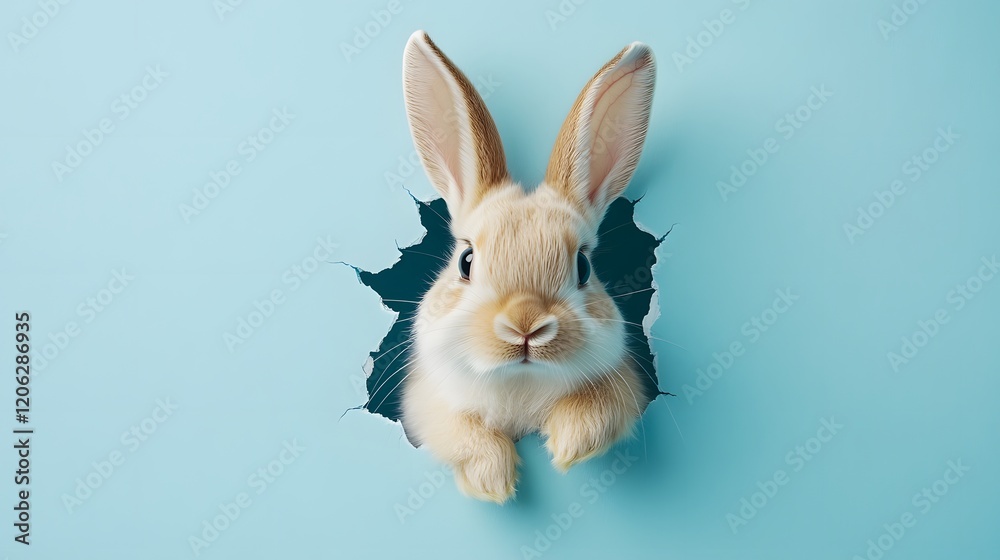 Obraz premium Easter Bunny with fluffy eared peeking out of a hole in blue wall