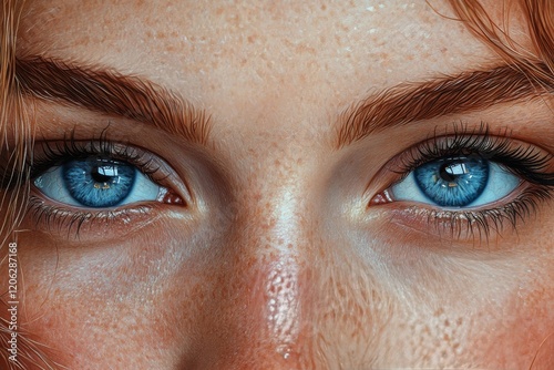 Close-up of a person with striking blue eyes and freckles highlighting their ...