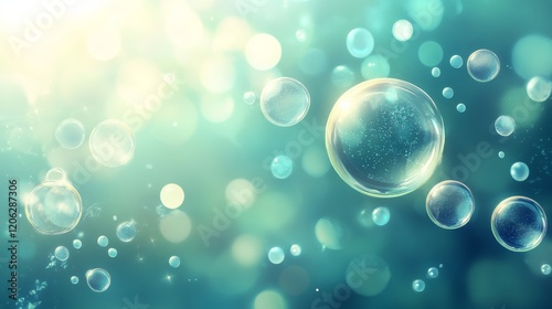 Wallpaper Mural Tranquil Turquoise Background with Floating Soap Bubbles, Bokeh Effect, and Soft Sunlight Torontodigital.ca