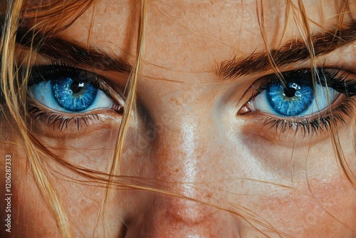 Close-up of a person with striking blue eyes and freckles highlighting their ...