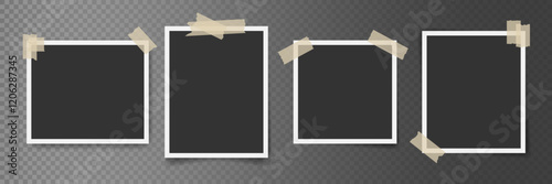 Set of realistic photo frames with adhesive tape on a transparent background. Collection of Minimalistic photo frame. Perfect for digital photo mockups and creative designs