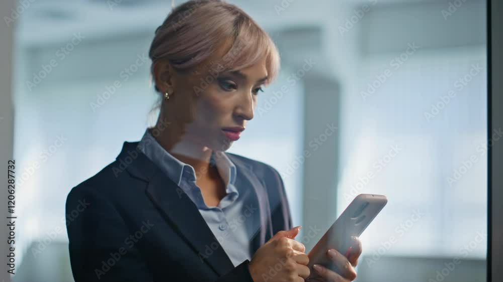 Worried lady looking smartphone working office closeup. Nervous blonde manager Worried lady looking smartphone working office closeup. Nervous blonde manager