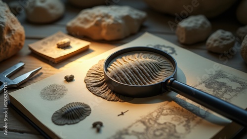 A close-up of a magnifying glass over a trilobite fossil, revealing intricate details, surrounded by scientific tools on a table in warm, natural lighting. photo