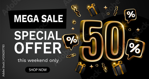 Mega sale, 50 special offer banner. Golden sign board promotion. Vector illustration