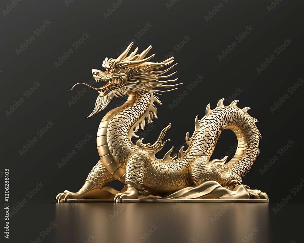 Obraz premium Gold dragon statue on black background.