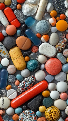 Colorful assortment of pills and capsules scattered on a surface in an abstra...