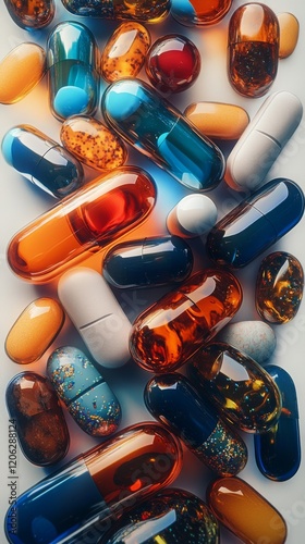 Colorful assortment of pills and capsules scattered on a surface in an abstra...