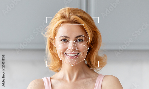 Vászonkép A woman with blonde hair smiles while facial recognition technology scans her face