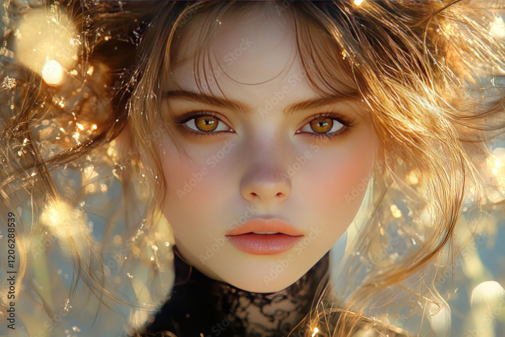 A close-up of a girl with delicate facial features. She has fair skin with freckles, expressive golden-brown eyes and full lips of a natural shade. A close-up of a girl with delicate facial features. She has fair skin with freckles, expressive golden-brown eyes and full lips of a natural shade.