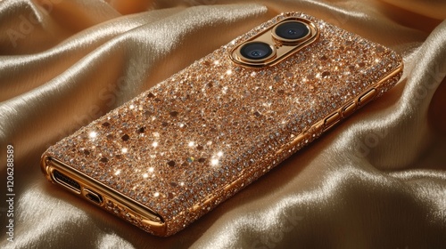 Stylish and glamorous phone case adorned with shimmering crystals on soft fab...