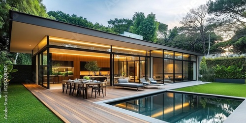 Wallpaper Mural A modern home with an outdoor area featuring large glass windows, wooden flooring, and lush greenery around the pool. Torontodigital.ca