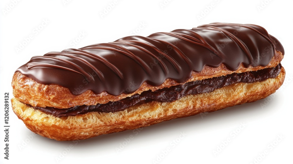 A delectable chocolate eclair with a glossy chocolate glaze, placed on a clean white background A delectable chocolate eclair with a glossy chocolate glaze, placed on a clean white background