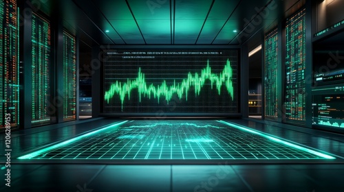 Data visualization of stock market trends in a city skyline at night