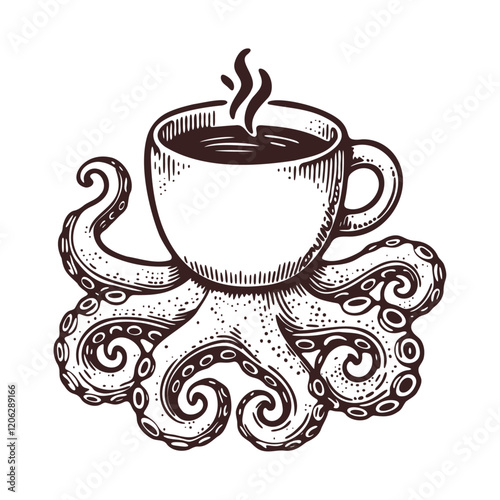 octopus with a coffee cup head, vintage illustration